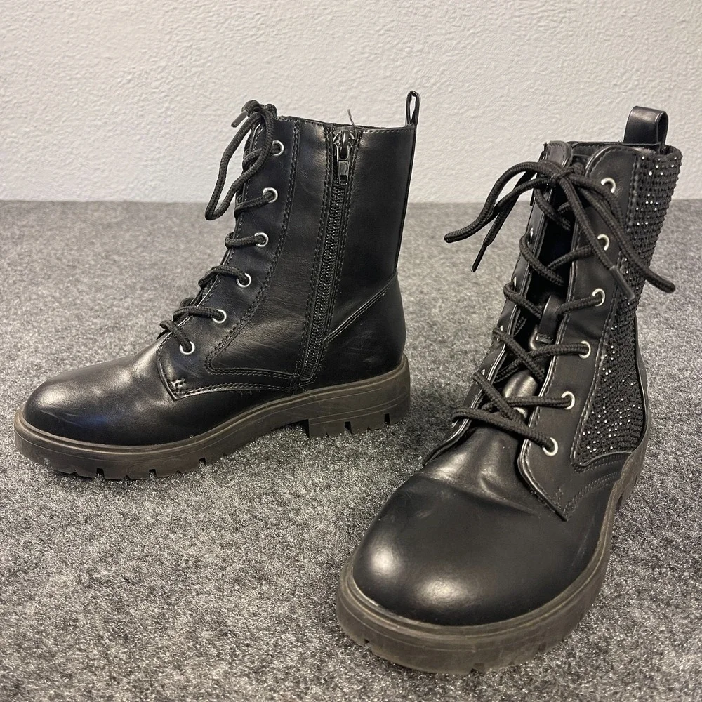 DKNY Girls Combat Boots Youth 2 Black Lace Up Zipper Rhinestone Lug Sole